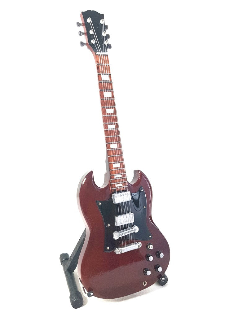 Mini guitarra AC/DC Angus Young MGT-0567 com possibilidade de gravação personalizada, ideal para presente, feita à mão em madeira de mogno, castanha, altura 27,5 cm