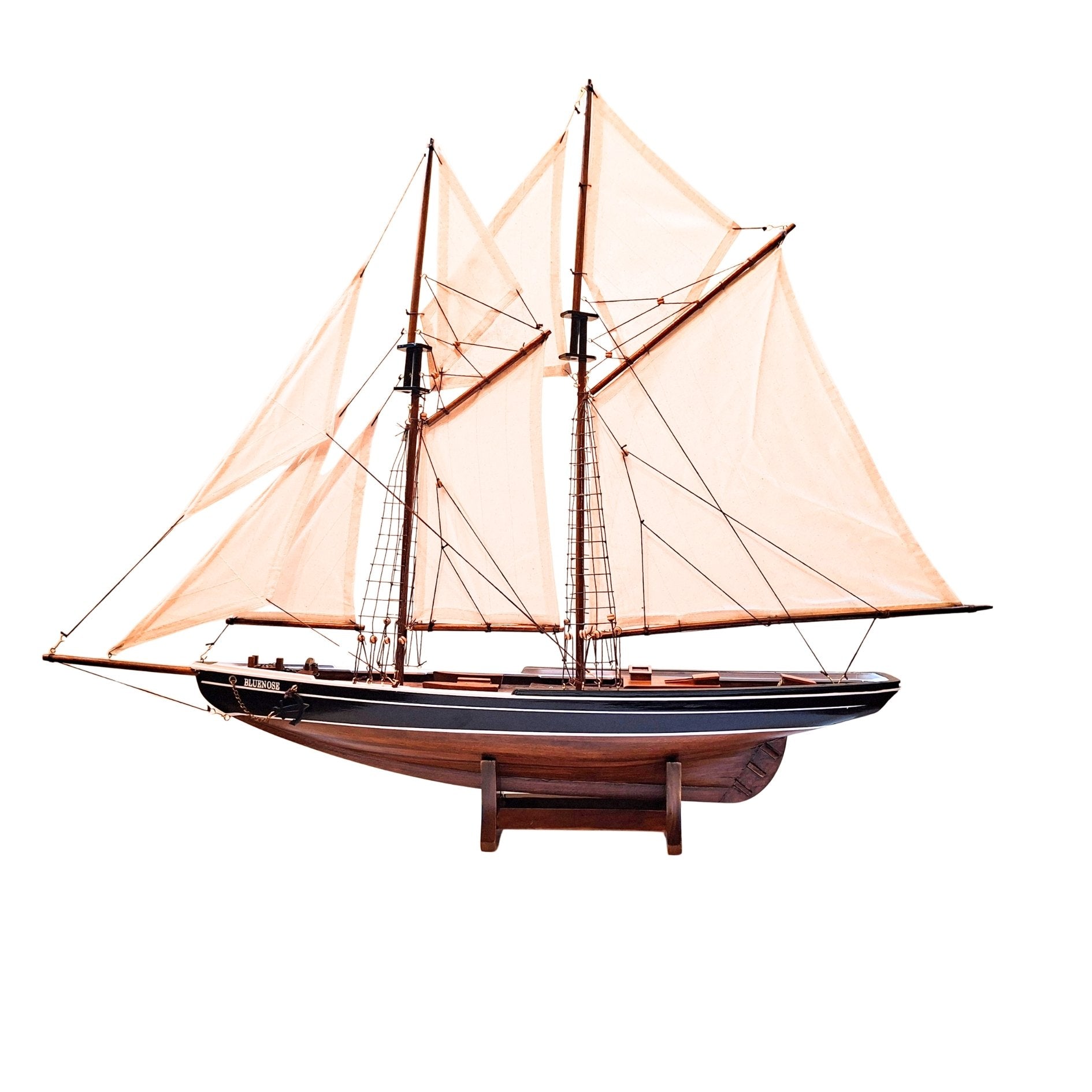 Modelo de Escuna Bluenose 78 cm com Gravação - Decoração Marítima Elegante em Madeira para Presente para Amantes da Vela e História Marítima com Velas Naturais