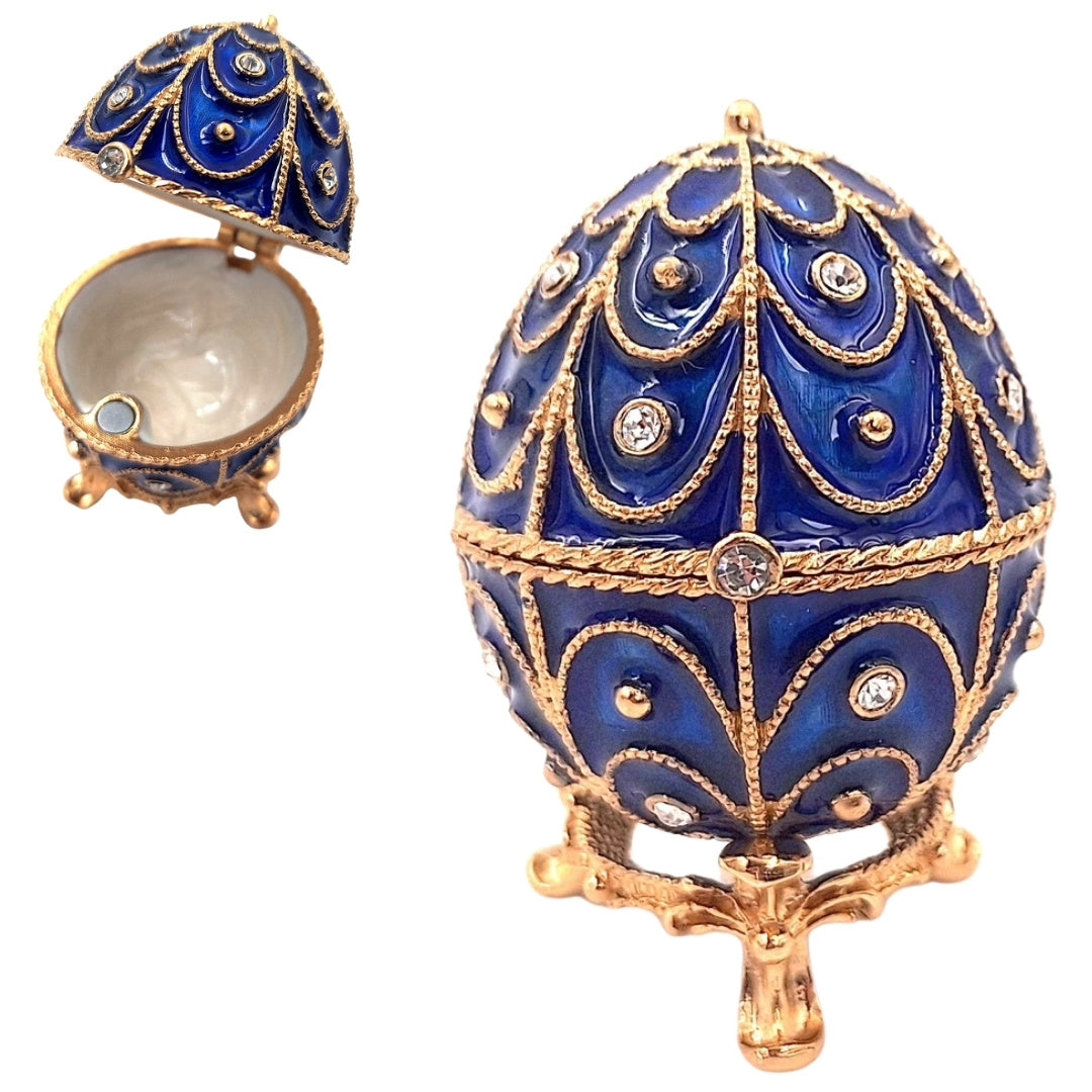 Caixa de metal exclusiva com cristais em forma de ovo Fabergé, azul-marinho e dourado, 5,5x6,5 cm com possibilidade de personalização por gravação