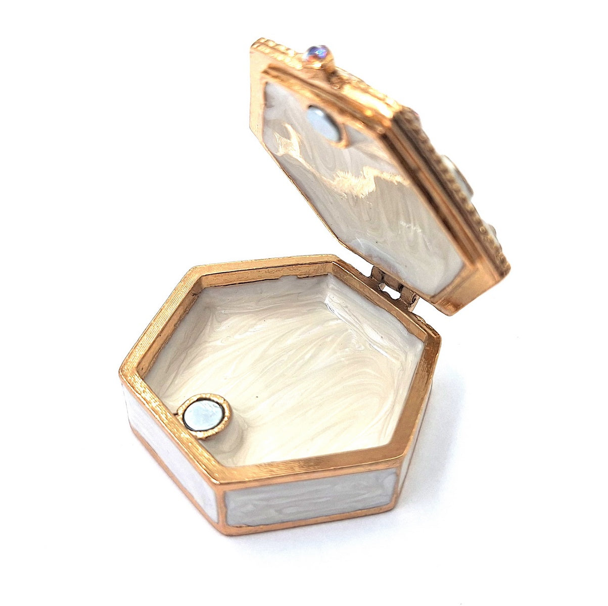 Caixa de presente elegante em metal com cristais B0035-08WH, branco e dourado, possibilidade de personalização por gravação, ideal para joias e pequenos objetos, 5x5x2 cm