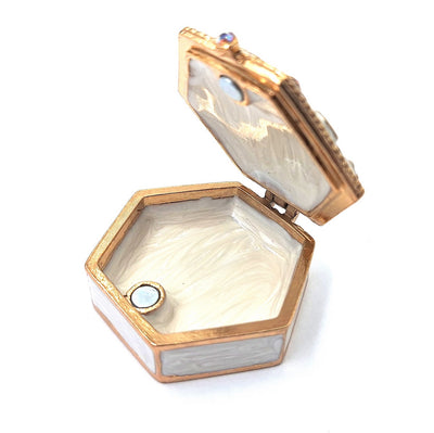 Caixa de presente elegante em metal com cristais B0035-08WH, branco e dourado, possibilidade de personalização por gravação, ideal para joias e pequenos objetos, 5x5x2 cm