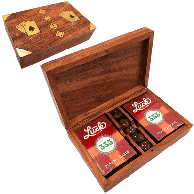 Conjunto Elegante para Jogo com Dois Baralhos e Dados em Estojo de Madeira com Decorações em Latão - Gravação Personalizada