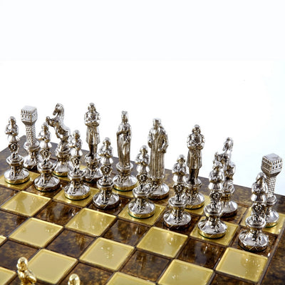 Xadrez metálico exclusivo Renascimento S9BRGS 36x36 cm dourado-prateado com possibilidade de personalização por gravação