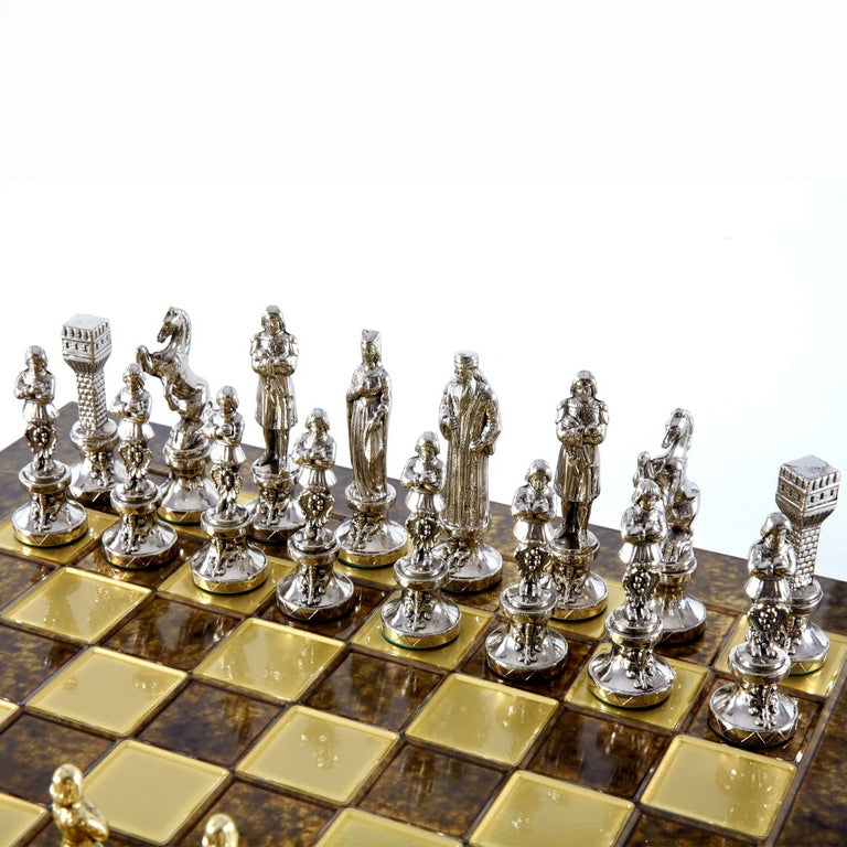 Xadrez metálico exclusivo Renascimento S9BRGS 36x36 cm dourado-prateado com possibilidade de personalização por gravação