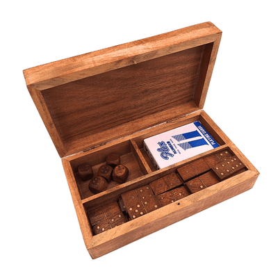Conjunto de Jogos 3 em 1 em Caixa de Madeira Elegante com Possibilidade de Personalização por Gravação - Cartas, Dominó, Dados - Presente Ideal para Amantes de Jogos Sociais - Dimensões: 22,5 x 13 x 6 cm, Acácia com Decorações em Latão