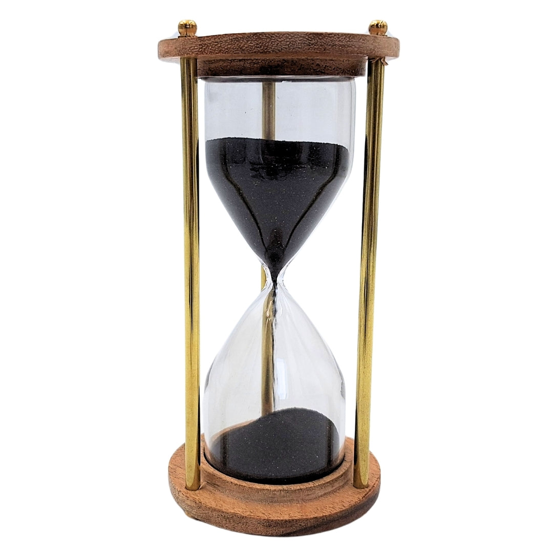 Ampulheta de Latão e Madeira de 5 minutos com Gravação Personalizada – Decoração Retro Elegante para Presente – Altura 15,5 cm, Areia Preta, Latão e Madeira