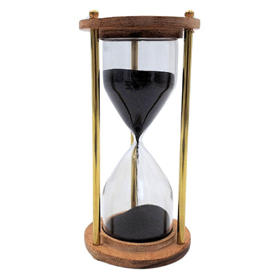 Ampulheta de Latão e Madeira de 5 minutos com Gravação Personalizada – Decoração Retro Elegante para Presente – Altura 15,5 cm, Areia Preta, Latão e Madeira