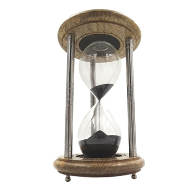 Ampulheta de Latão e Madeira 10 min com Gravação - Presente Elegante na Cor Preta, Altura 25 cm, Feita de Metal, Vidro e Madeira de Manga
