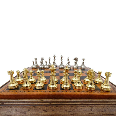 Xadrez magnético metálico exclusivo Italfama 18x18 cm com possibilidade de gravação personalizada – presente elegante para qualquer ocasião, tabuleiro castanho-preto com peças dourado-prateadas