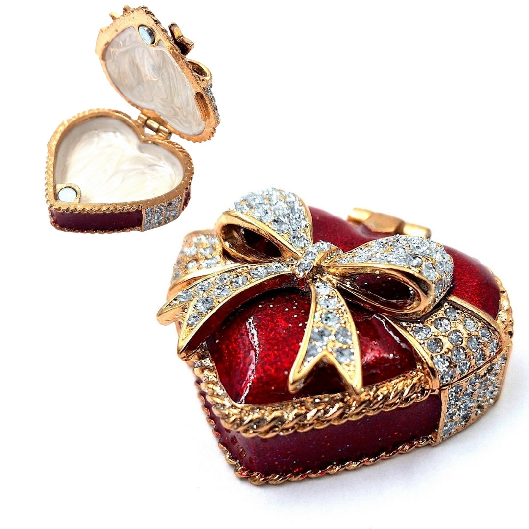 Caixa de metal para joias em forma de coração com cristais, vermelho, dourado e prateado, possibilidade de personalização por gravação, ideal para presente romântico, dimensões 4,8 x 4 x 2,5 cm