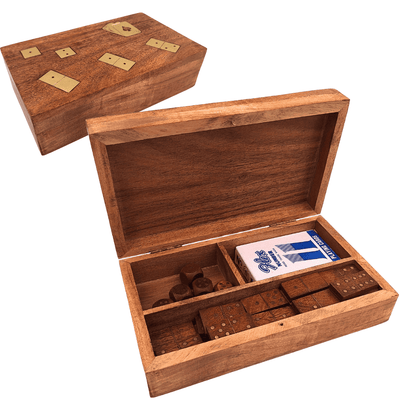 Conjunto de Jogos 3 em 1 em Caixa de Madeira Elegante com Possibilidade de Personalização por Gravação - Cartas, Dominó, Dados - Presente Ideal para Amantes de Jogos Sociais - Dimensões: 22,5 x 13 x 6 cm, Acácia com Decorações em Latão