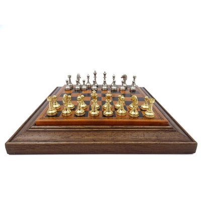 Xadrez magnético metálico exclusivo Italfama 18x18 cm com possibilidade de gravação personalizada – presente elegante para qualquer ocasião, tabuleiro castanho-preto com peças dourado-prateadas