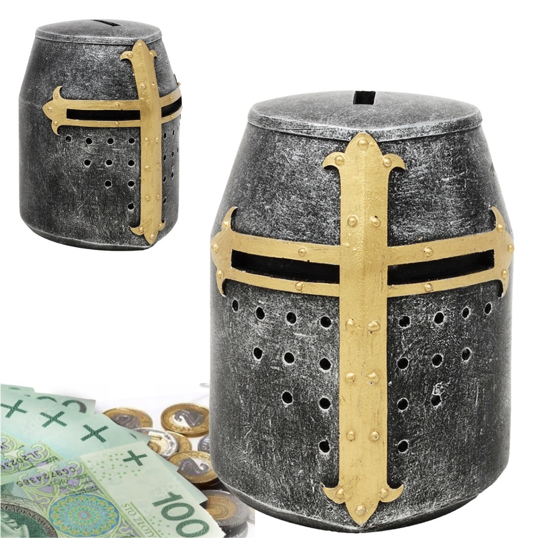 Mealheiro Capacete de Cavaleiro Cruzado com Personalização por Gravação – Presente Único em Estilo Medieval, Altura 10 cm, Pintado à Mão em Poliresina