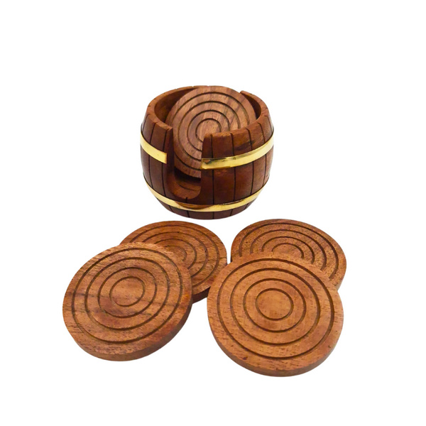 Bases de copos de madeira com gravação - Conjunto Barril com 6 bases e recipiente com adornos em latão