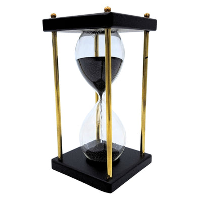 Ampulheta de Latão e Madeira 5 minutos com Areia Preta com Possibilidade de Personalização por Gravação – Decoração Retro Elegante para Presente com Altura de 16 cm