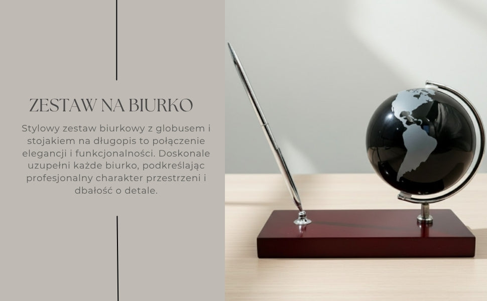 Conjunto Decorativo Elegante para Secretária com Gravação Personalizada - Globo Suporte para Canetas em Metal Cromado e Madeira Escura