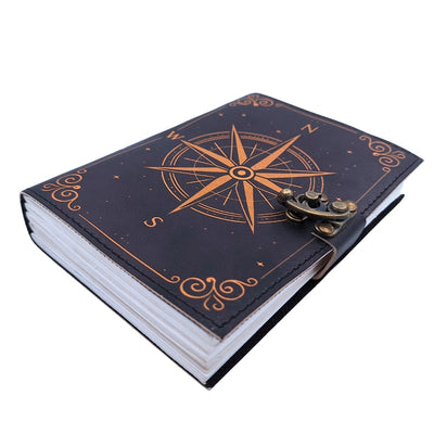 Caderno de pele Rosa dos Ventos retro preto e dourado com gravação personalizada