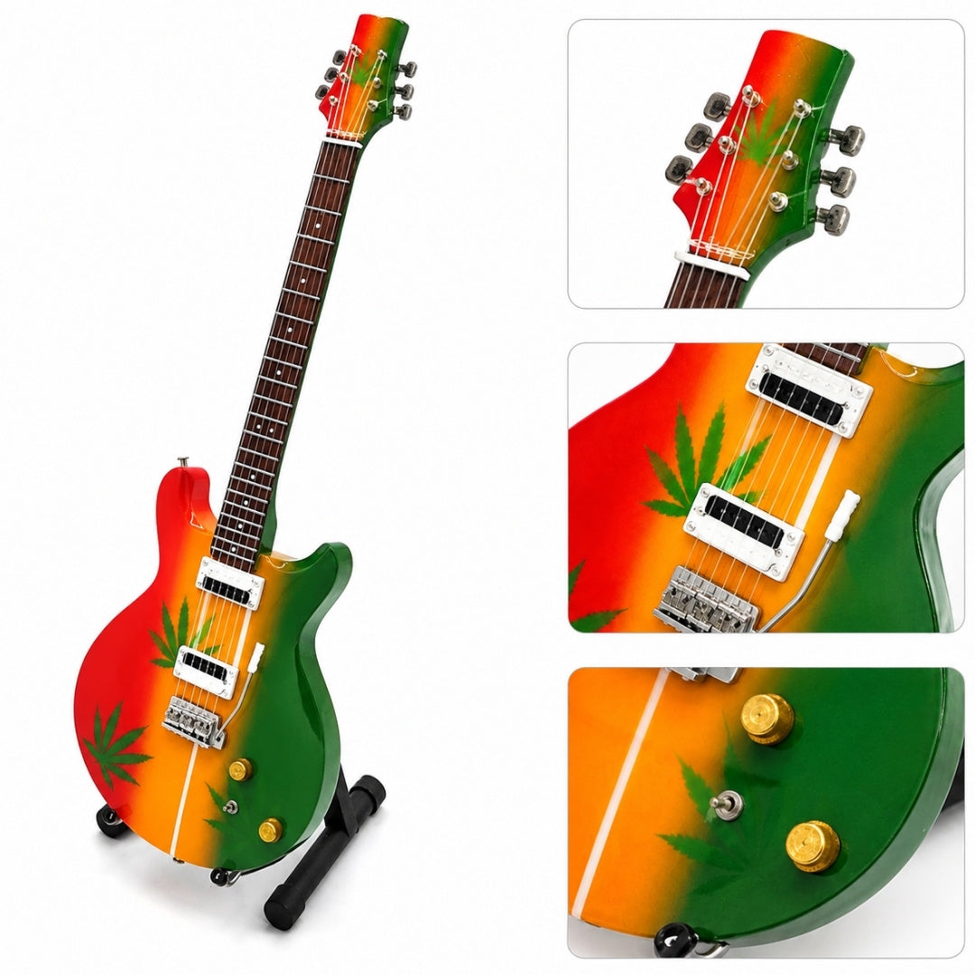 Mini guitarra Bob Marley Tribute Ganja MGT-0468 com possibilidade de gravação personalizada, presente ideal para fãs de reggae, feita à mão em madeira de mogno, altura 27,5 cm, cor amarelo, vermelho, verde, branco