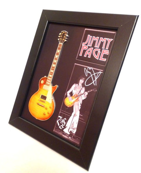 Mini guitarra estilo Jimmy Page com moldura FMG-012, possibilidade de personalização com gravação, ideal para presente, moldura de madeira 1,3cm x 16cm x 21,4cm, mini guitarra de aço para colocar ou pendurar na parede