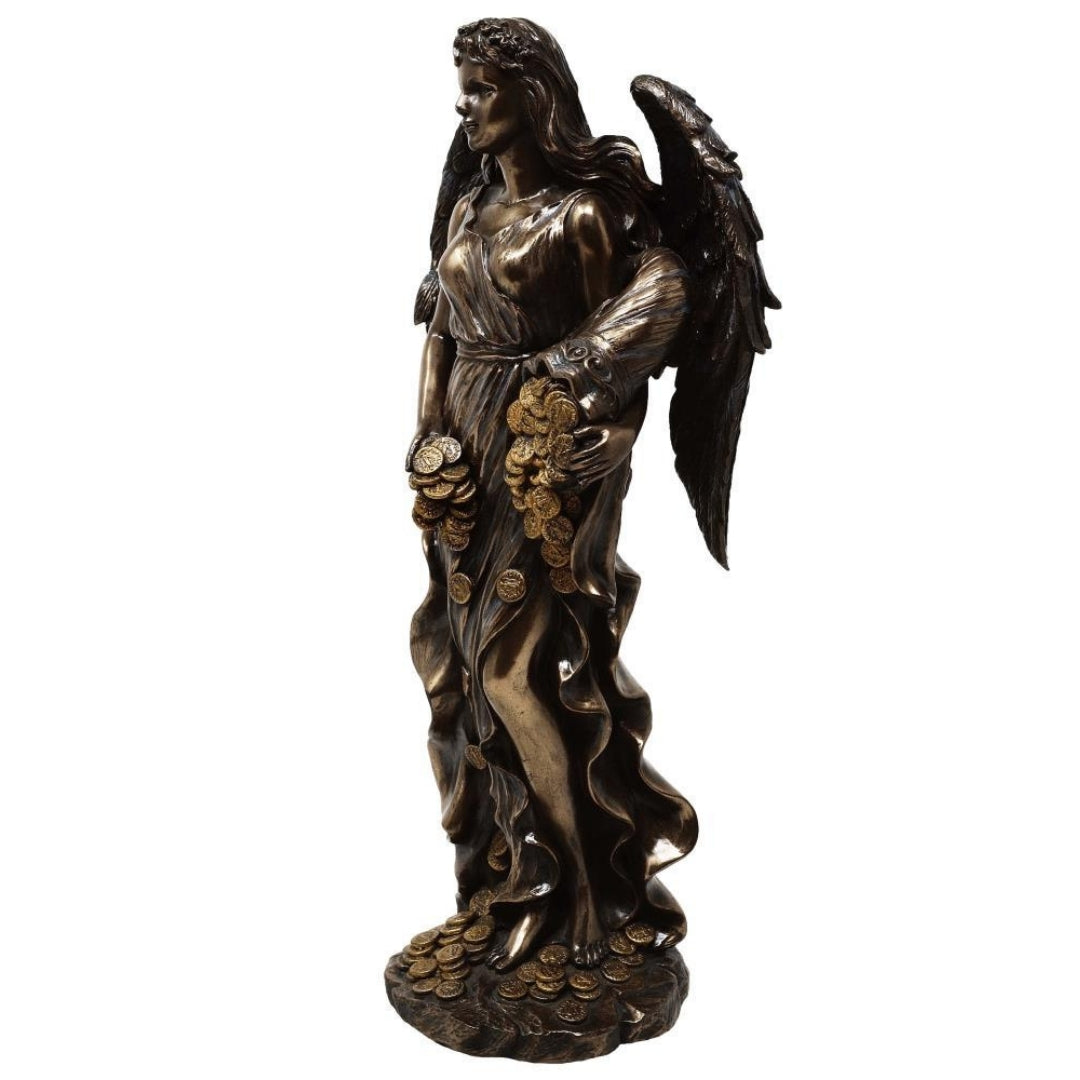 Figura Fortuna Deusa da Sorte e Riqueza 29 cm com Cornucópia - Gravação Personalizada para Presente, Decoração Elegante em Conglomerado de Resina em Tons de Castanho e Cobre