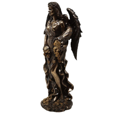 Figura Fortuna Deusa da Sorte e Riqueza 29 cm com Cornucópia - Gravação Personalizada para Presente, Decoração Elegante em Conglomerado de Resina em Tons de Castanho e Cobre