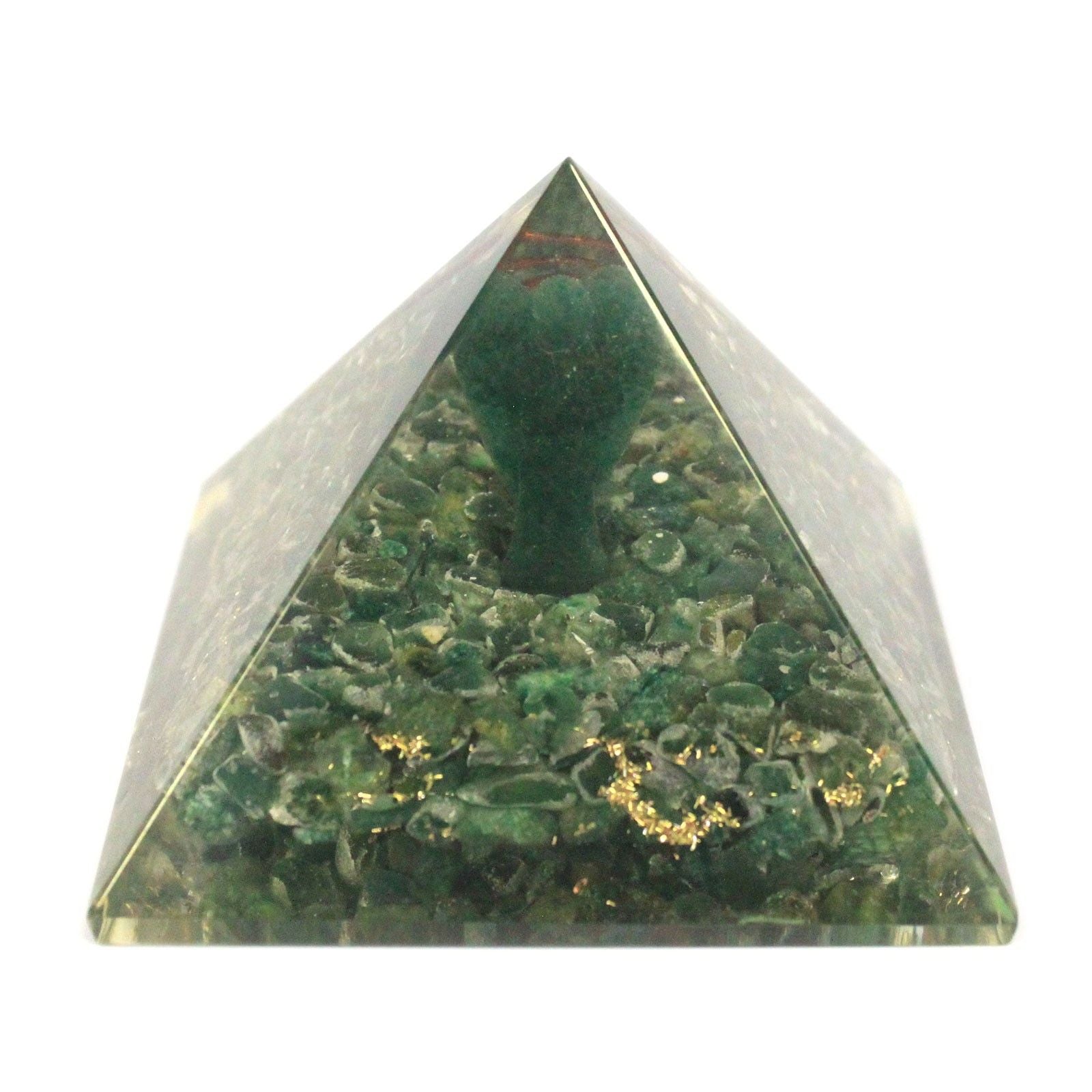 Pirâmide Mágica Orgonite 70 mm - Anjo com Objetos Esotéricos, Interior Esverdeado e Acabamento Manual