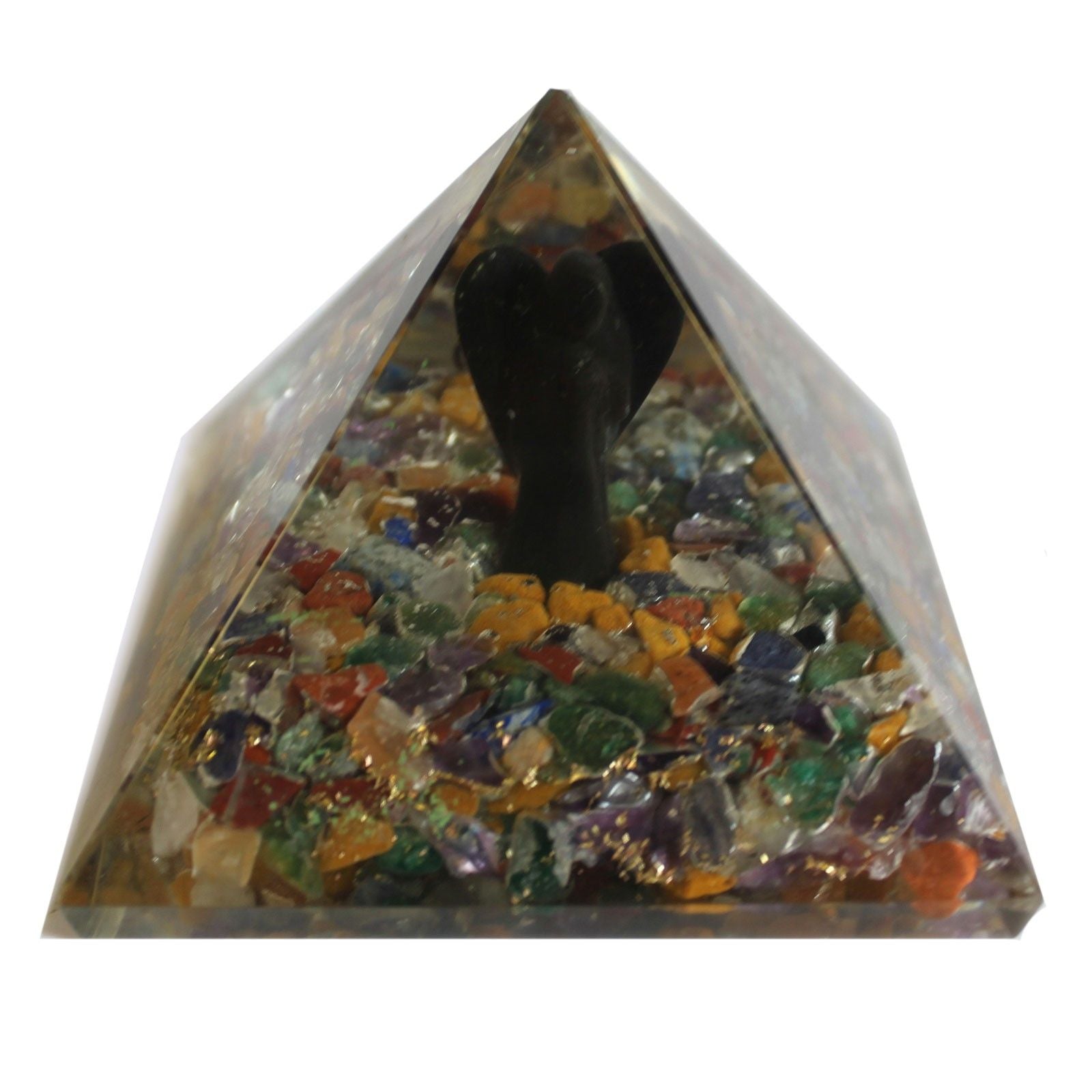 Pirâmide Mágica Orgonite 70 mm - Anjo com Objetos Esotéricos, Interior Esverdeado e Acabamento Manual