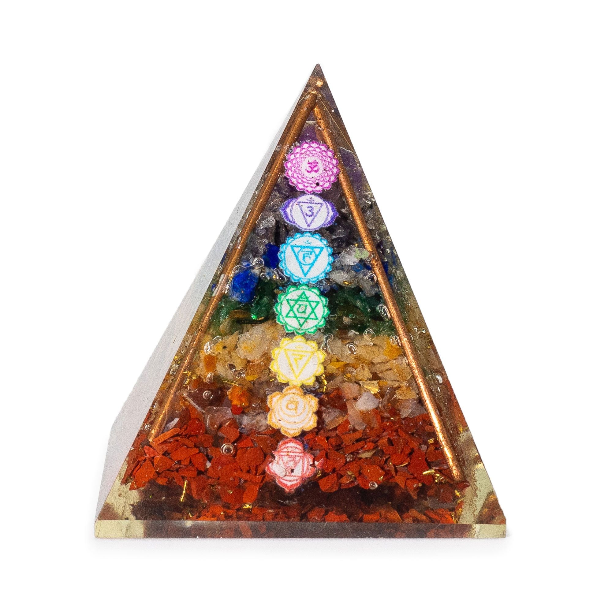 Pirâmide Média Orgonite 7x6 cm com Barras de Cobre e 7 Pedras dos Chakras - Elemento Multicolorido de Harmonia Energética para Presente