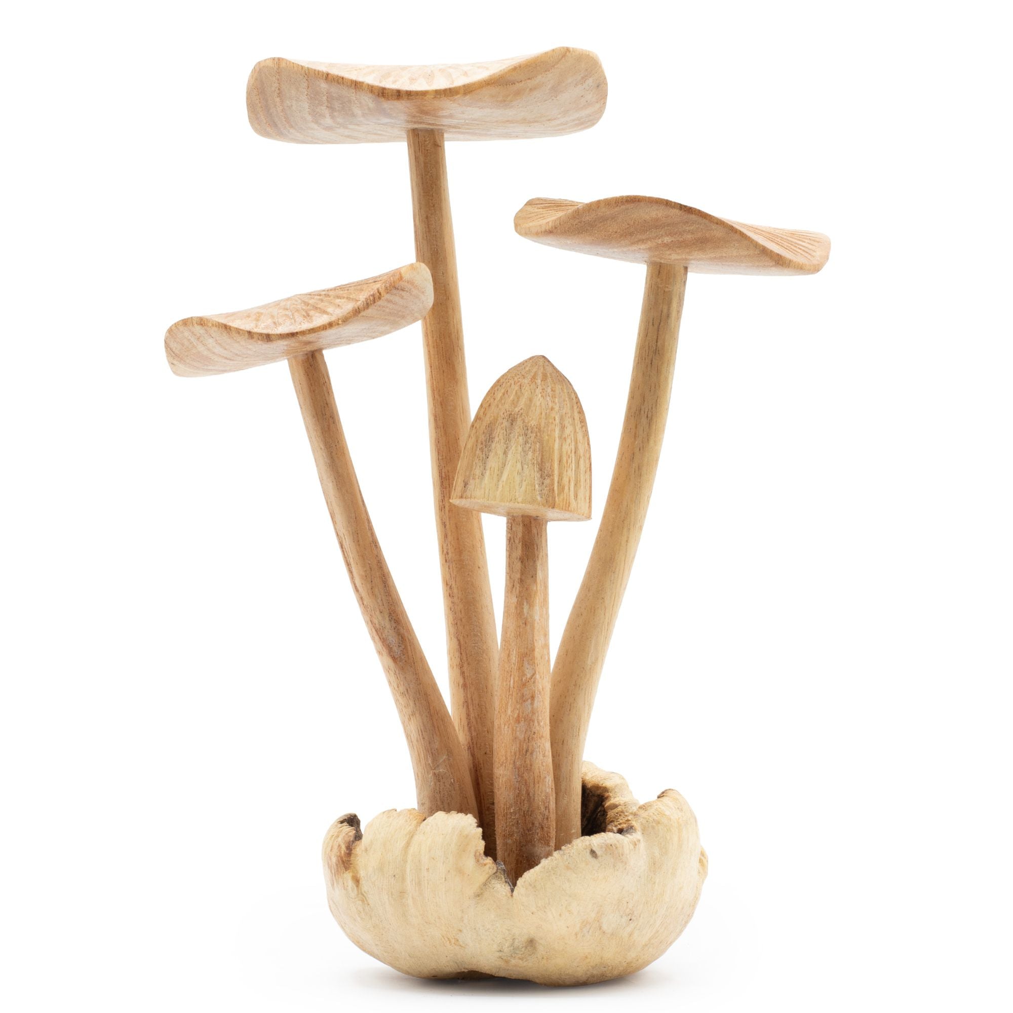Cogumelos Florestais Entalhados à Mão - Conjunto de 4 Cogumelos Grandes em Madeira Natural, Perfeitos para Presente - Altura 14 cm, Estilo Rústico Único, Excelente para Decoração de Interiores  