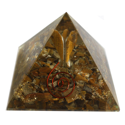 Pirâmide Mágica Orgonite 70 mm - Anjo com Objetos Esotéricos, Interior Esverdeado e Acabamento Manual