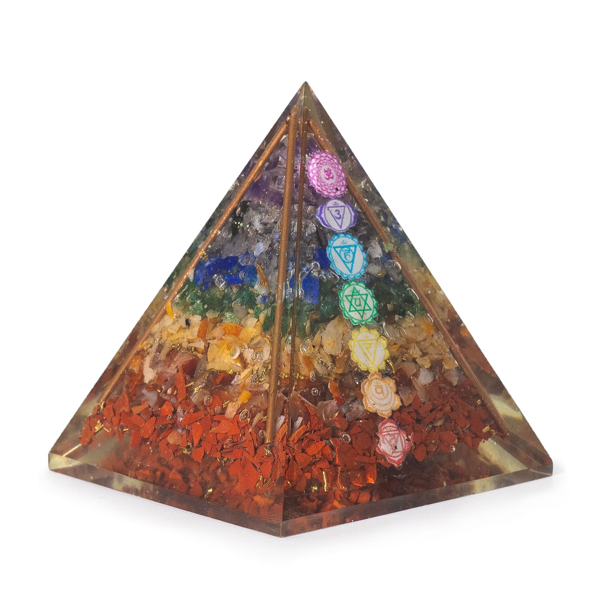 Pirâmide Média Orgonite 7x6 cm com Barras de Cobre e 7 Pedras dos Chakras - Elemento Multicolorido de Harmonia Energética para Presente