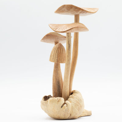 Cogumelos Florestais Entalhados à Mão - Conjunto de 4 Cogumelos Grandes em Madeira Natural, Perfeitos para Presente - Altura 14 cm, Estilo Rústico Único, Excelente para Decoração de Interiores  