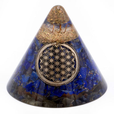 Cone Orgonite Lápis Flor da Vida com Quartzo Suspenso - 90 mm, Azul-Dourado, Resina Vidro e Lascas Metálicas