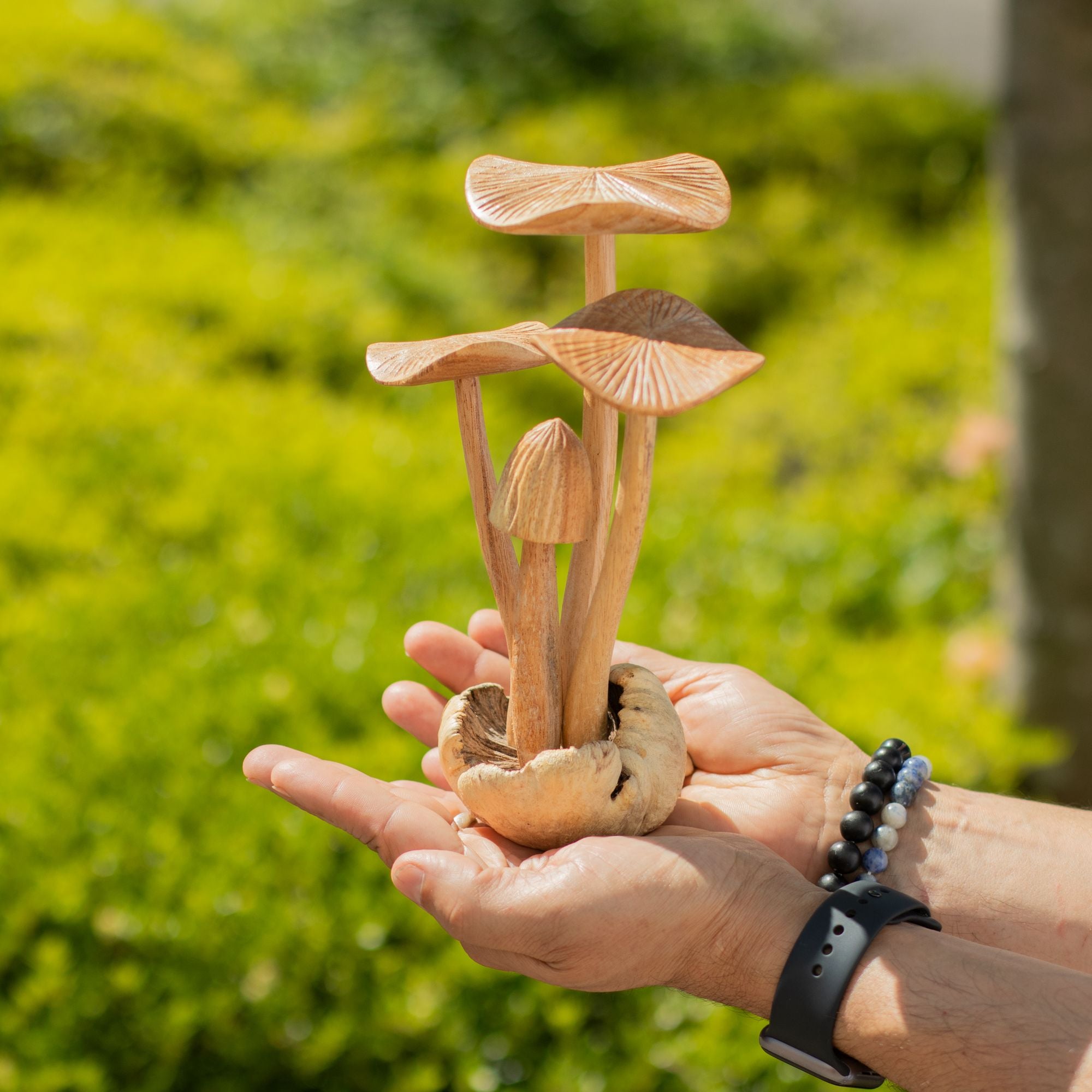 Cogumelos Florestais Entalhados à Mão - Conjunto de 4 Cogumelos Grandes em Madeira Natural, Perfeitos para Presente - Altura 14 cm, Estilo Rústico Único, Excelente para Decoração de Interiores  
