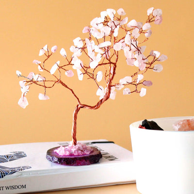 Árvore de Quartzo Rosa em Base de Ágata Rosa