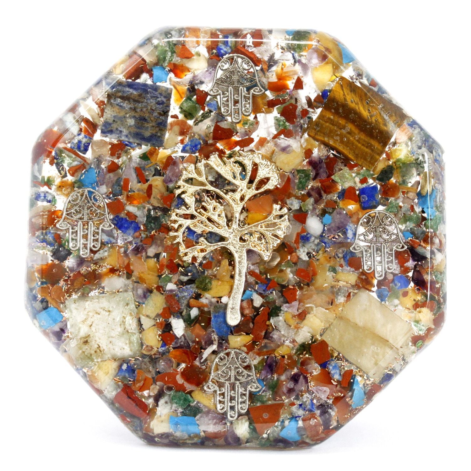 Pacote de Energia para Secretária Orgonite - Árvore da Vida - Grande - Feito à Mão com Pedras Preciosas e Cobre - Ideal para Presente - Dimensões 11 cm x 1,5 cm - Proteção contra Poluição Eletromagnética - Símbolo de Harmonia e Energia