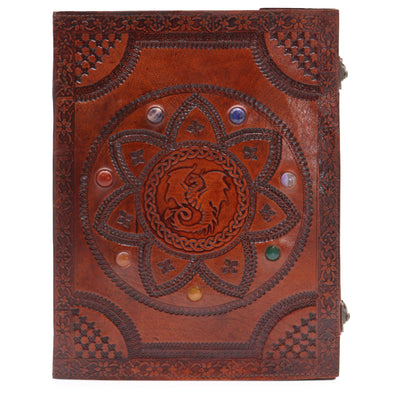 Livro da Mandala do Dragão com Pedras dos Chakras - Artesanal, Couro Natural, 100 Páginas Lisas, 25x34 cm