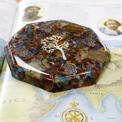 Pacote de Energia para Secretária Orgonite - Árvore da Vida - Grande - Feito à Mão com Pedras Preciosas e Cobre - Ideal para Presente - Dimensões 11 cm x 1,5 cm - Proteção contra Poluição Eletromagnética - Símbolo de Harmonia e Energia