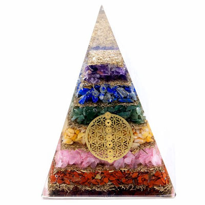 Pirâmide Orgonite Sete Chakras e Flor da Vida