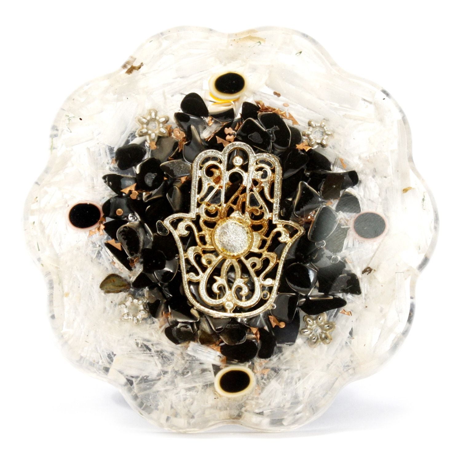 Pacote de Energia para Secretária Orgonite Hamsa com Selenite