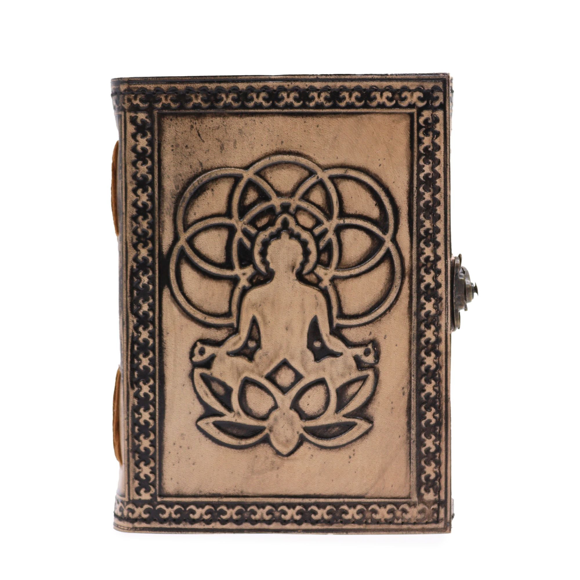 Caderno Esotérico Buda em Vermelho e Castanho - Caderno de Couro com 200 Páginas, Dimensões 17,5x12,5x3 cm