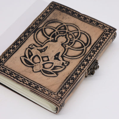 Caderno Esotérico Buda em Vermelho e Castanho - Caderno de Couro com 200 Páginas, Dimensões 17,5x12,5x3 cm