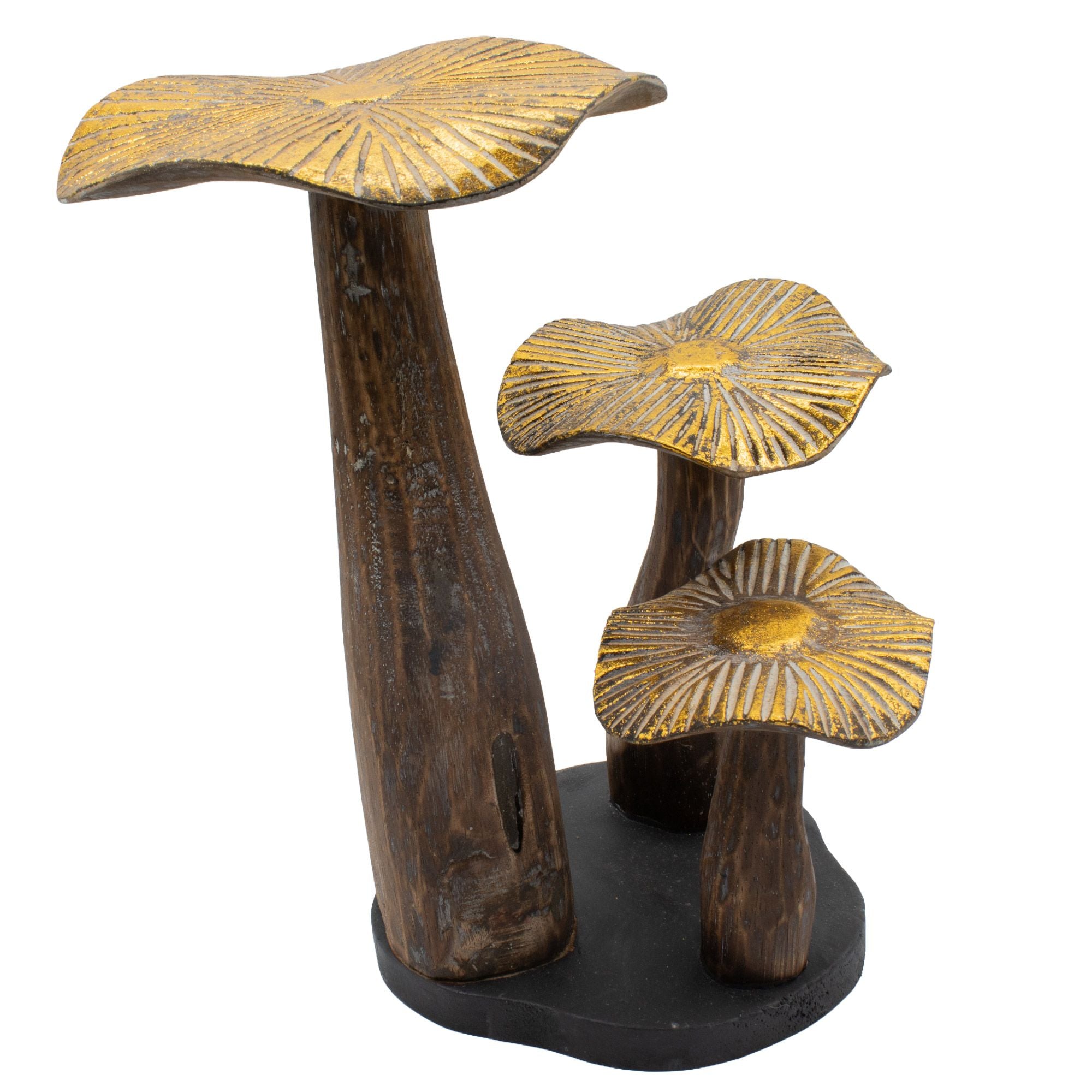 Grande Escultura de Cogumelo Dourado 32 cm - Madeira Natural - Elemento Decorativo Único para Presente - Estilo Florestal, Rústico e Moderno