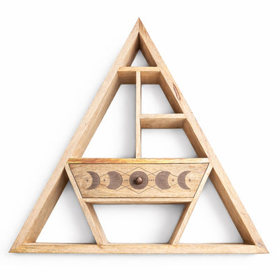 Prateleira Mágica Triangular de Parede com Gaveta - Madeira de Manga Feita à Mão, Design de Fases da Lua, 53x53x9 cm