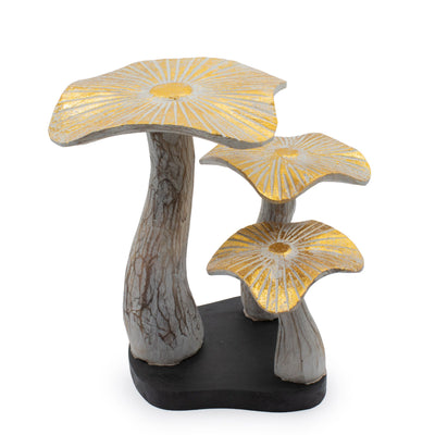 Figura Artística de Cogumelo Dourado 25 cm com Acabamento Branco e Detalhes Dourados - Presente Único em Madeira Albasia para Interiores em Estilo Boho e Natural