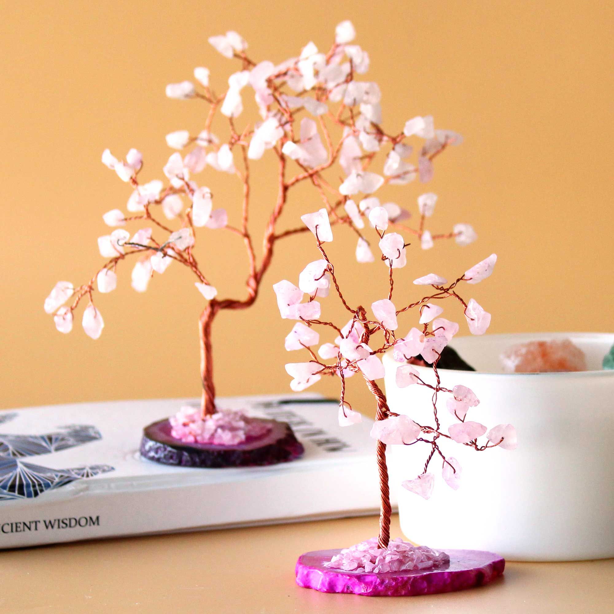 Árvore Mágica de Pedras de Quartzo Rosa em Base de Ágata Rosa
