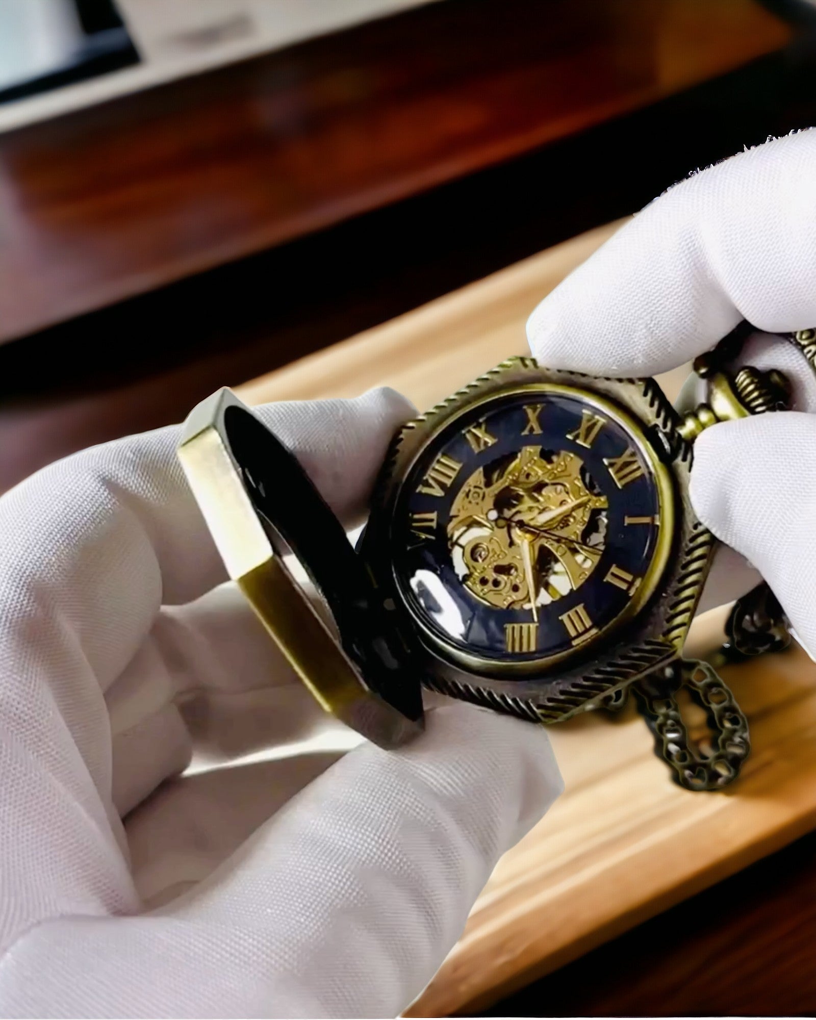 Relógio de Bolso Mecânico Clássico Octogonal Cor Castanha em Estilo Steampunk - Intemporal