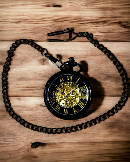 Relógio de Bolso Mecânico em Estilo Retro, Resistente à Água, Semi-automático - cor Preta - Ideal para Presente, gravação