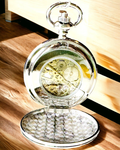 Relógio de Bolso Mecânico Clássico com Tampa Dupla, Manual, Cor Prata