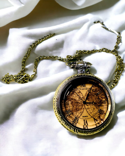 Relógio de Bolso Clássico de Quartzo com Mapa-Múndi – Pingente com Corrente em Estilo Vintage para Ela e para Ele, gravura